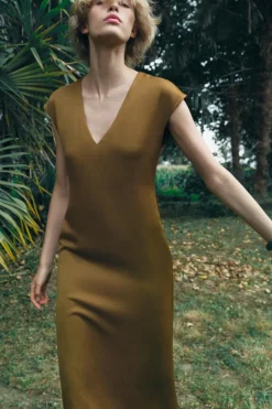 Outlet VESTIDO MIDI SATINADO CON LINO ZW COLLECTION Mujer Vestidos