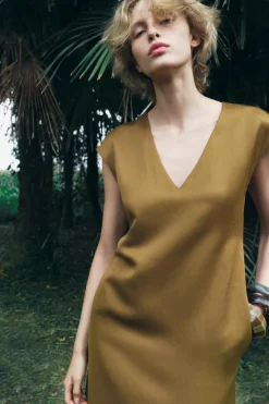 Outlet VESTIDO MIDI SATINADO CON LINO ZW COLLECTION Mujer Vestidos