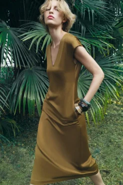 Outlet VESTIDO MIDI SATINADO CON LINO ZW COLLECTION Mujer Vestidos