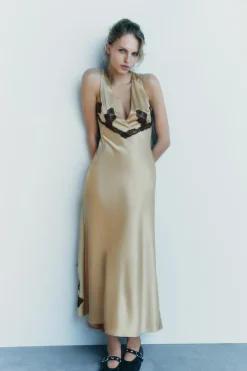 Outlet VESTIDO SATINADO ENCAJE Mujer Vestidos|Lenceria