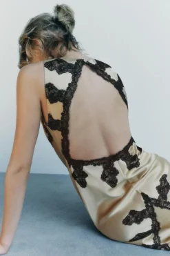 Outlet VESTIDO SATINADO ENCAJE Mujer Vestidos|Lenceria