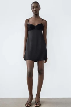 New VESTIDO SATINADO PLISADOS ENCAJE Mujer Vestidos