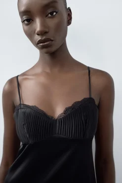 New VESTIDO SATINADO PLISADOS ENCAJE Mujer Vestidos