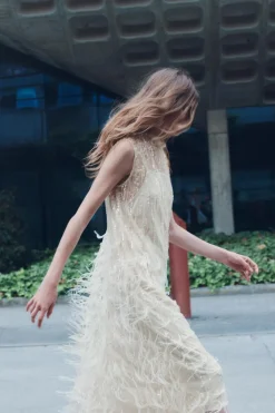 Fashion VESTIDO SEMITRANSPARENTE PLUMAS LENTEJUELAS Mujer Vestidos|Cárdigan / Jerséis